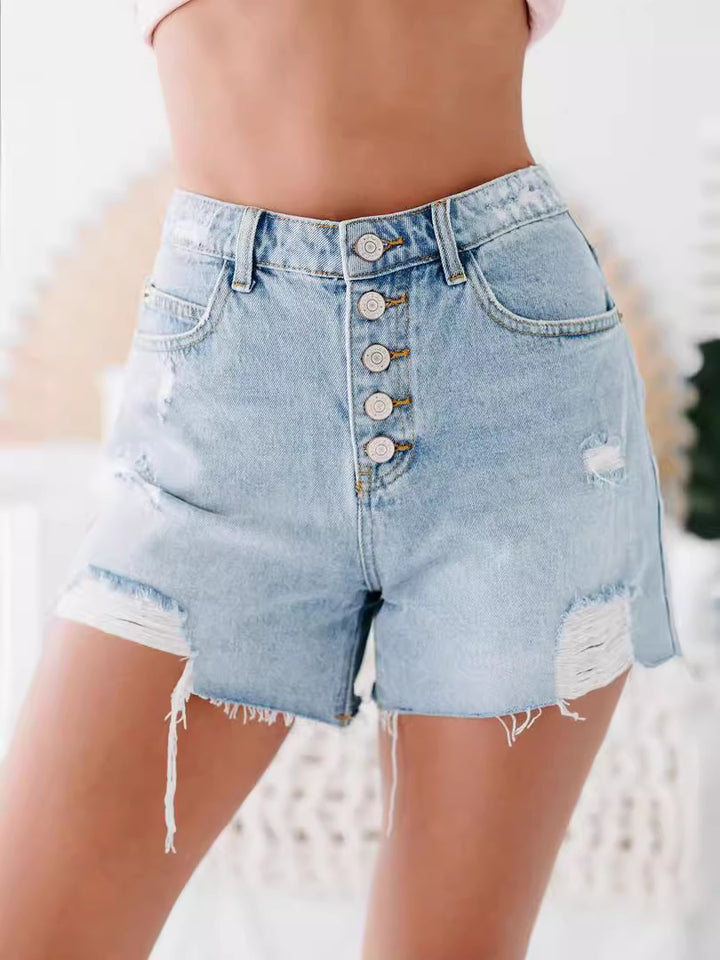 Dame Denim-shorts med høj talje og distressed-detaljer Stilla