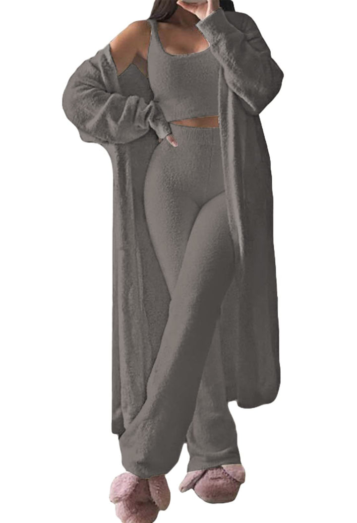 Dame komfortabel strik-loungewear-sæt med cardigan og dyb talje Stilla