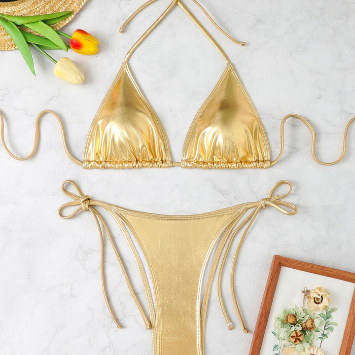 Dame Triangel-Bikini med elegant metaloverflade og justerbare bindebånd Skovae