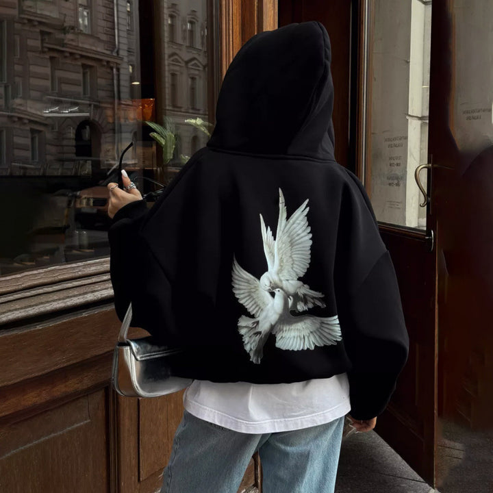 Dame hoodie med kunstnerisk fugledesign og afslappet pasform Skovae