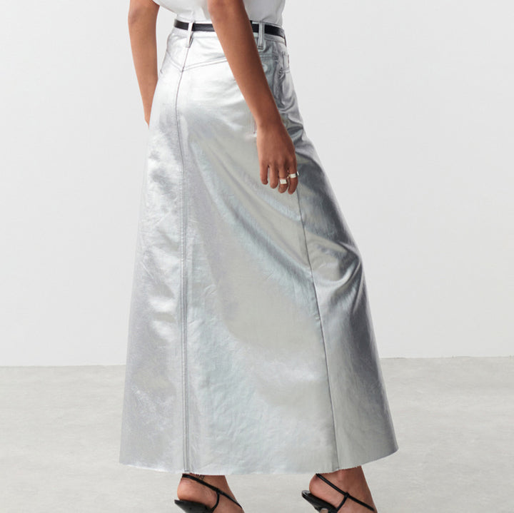 Dame Elegant Maxi-nederdel i metallisk skinnende materiale med slids Stilla