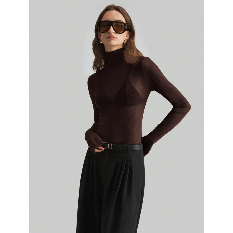Dame Elegant langærmet transparent top med høj krave Skovae