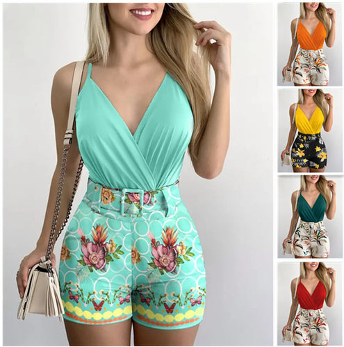 Damer Floral Print Bælte Playsuit Stilla