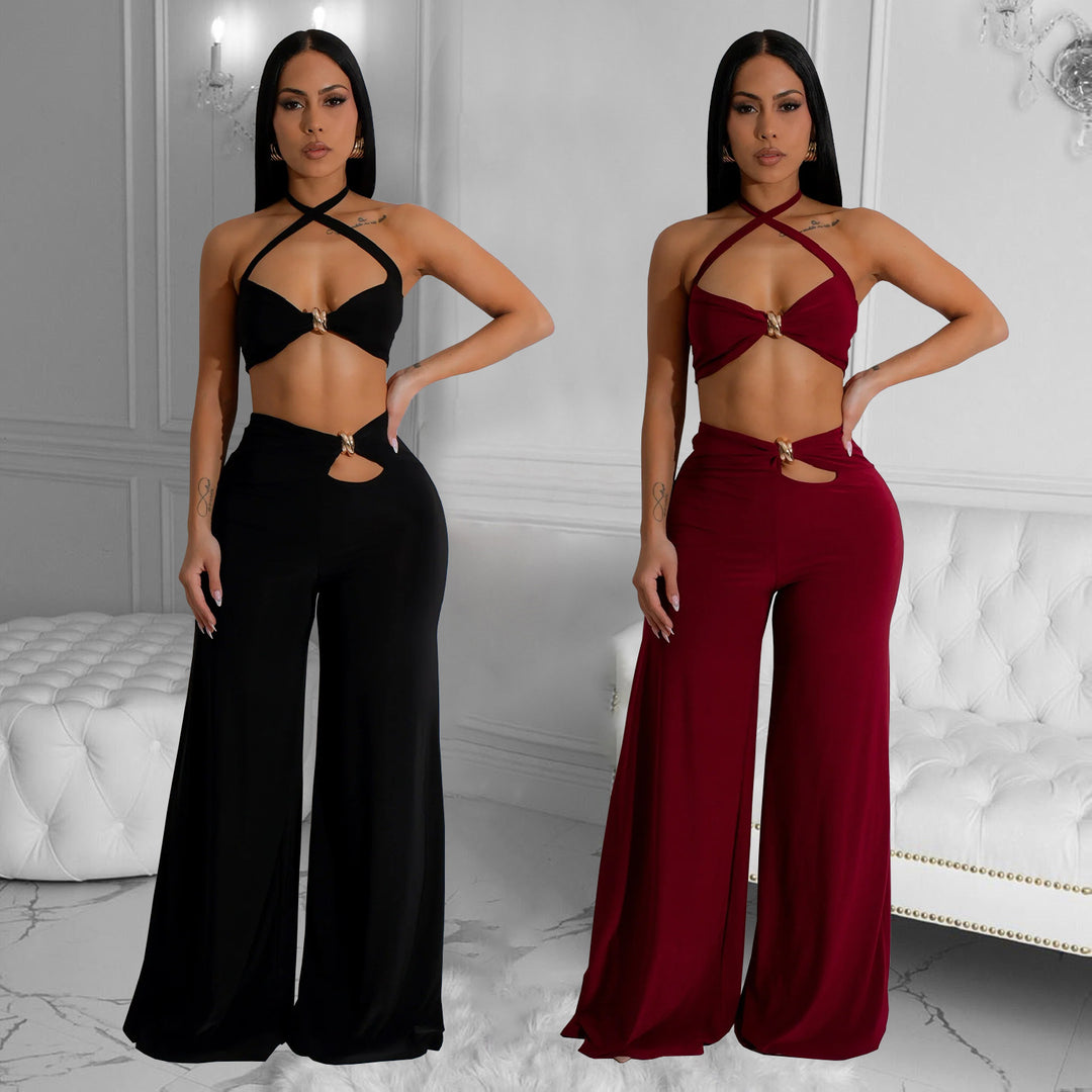 Dame Sexy Cut-Out To-delt Sæt med Cropped Top og Bredbukser Stilla