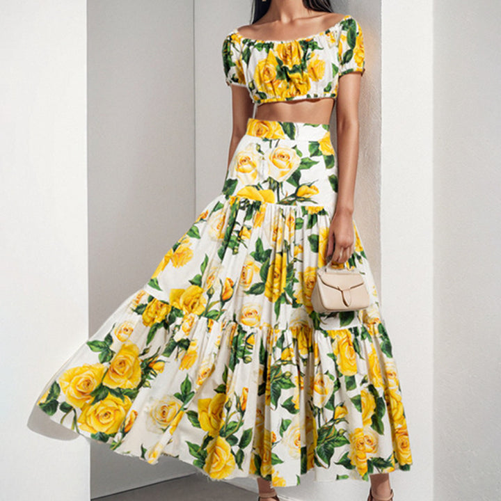 Dame To-delt Blomster-Sæt med let Crop-Top og voluminøs Nederdel Stilla