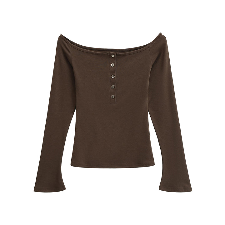 Dame Off-Shoulder Langærmet T-shirt med elegant knapliste og fint ribmateriale Stilla