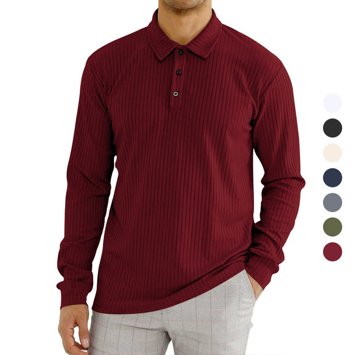 Herren nan ribbet Langærmet polo-shirt med fin rib-struktur, klassisk krave og elastisk søm Skovae