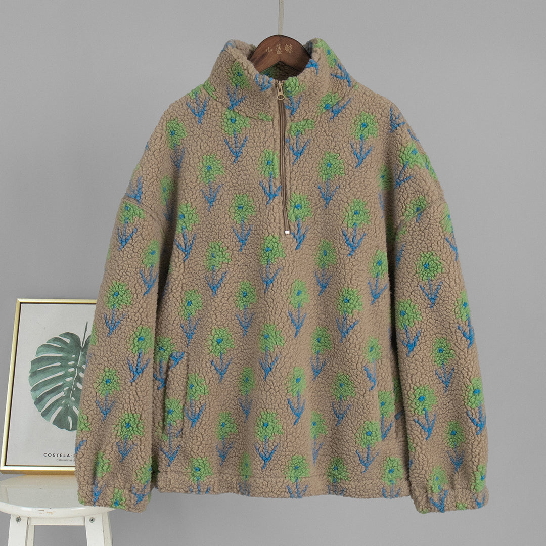 Dame fleece pullover med blomsterprint og høj krave Stilla
