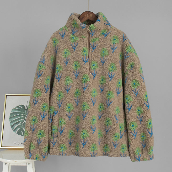 Dame fleece pullover med blomsterprint og høj krave Stilla