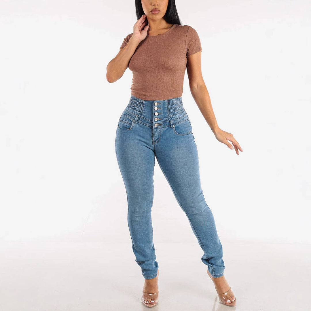 Damer High-Waist Skinny Jeans med elastisk talje og dekorative knapper Stilla
