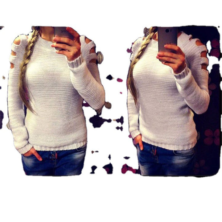 Dame strikket sweater med åbent skulderdesign og glitrende accenter Stilla