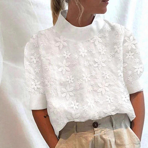 Dame nan let broderet bluse med ståkrave og tredimensionel blomsterapplikation Skovae
