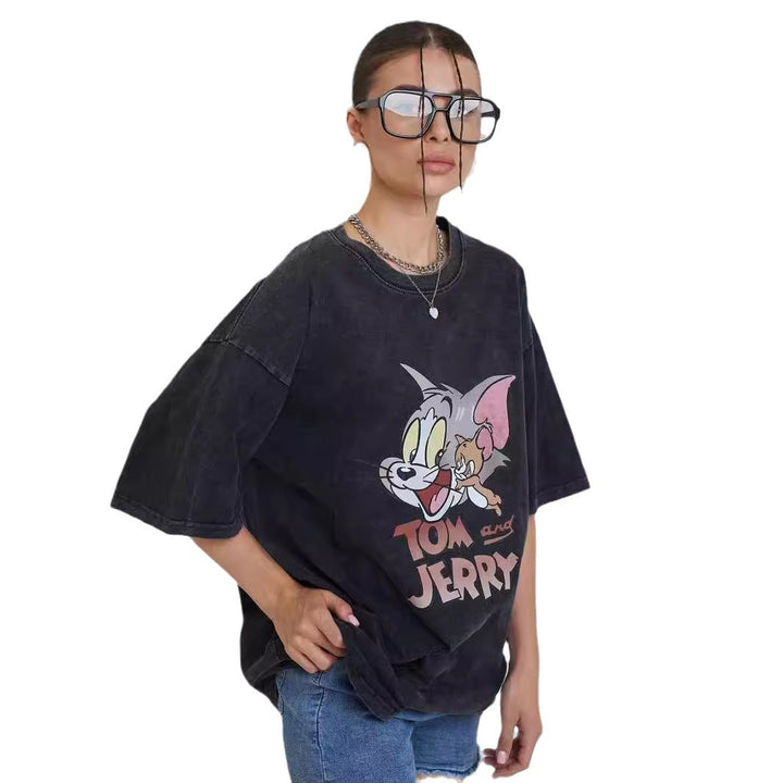 Dame Oversized T-Shirt med afslappet cartoon-tryk og høj kvalitet vintage-effekt Stilla