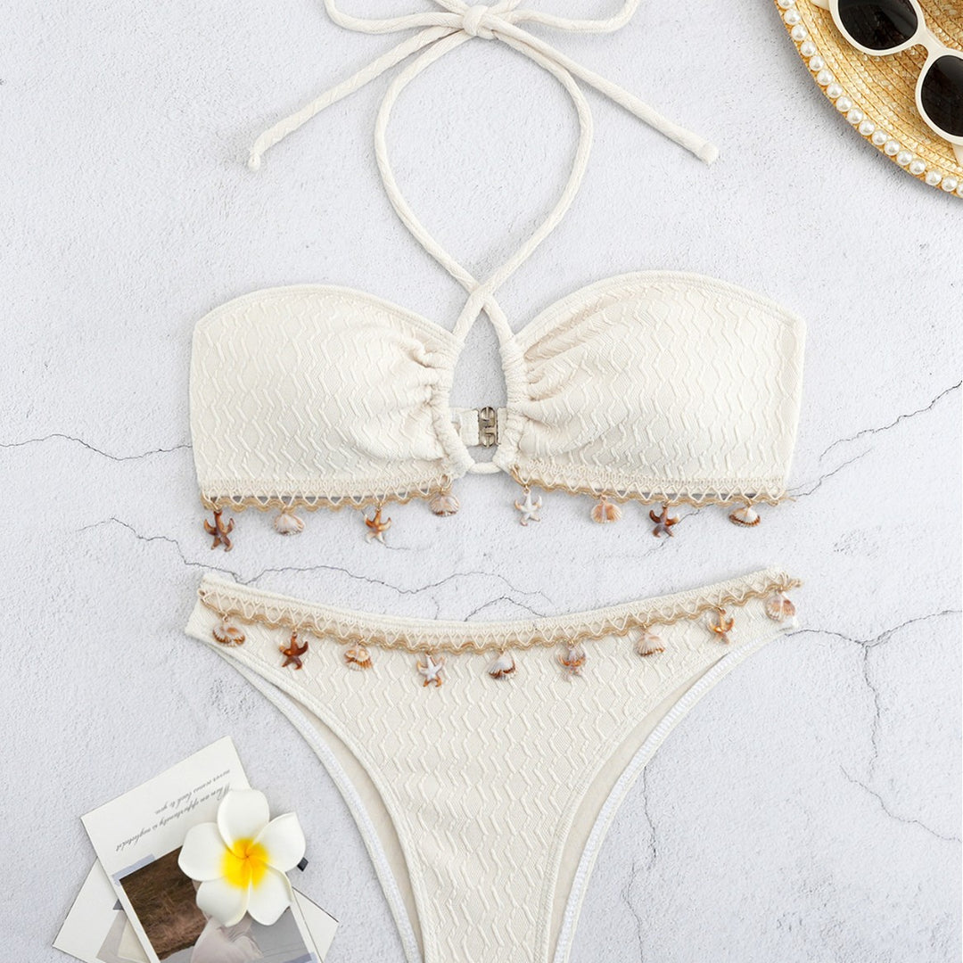 Dame Bikini-sæt med elegant bånd og detaljerede muslingedekorationer Skovae
