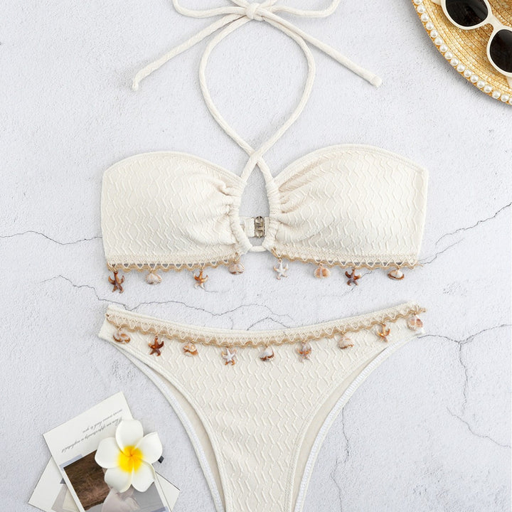 Dame Bikini-sæt med elegant bånd og detaljerede muslingedekorationer Skovae