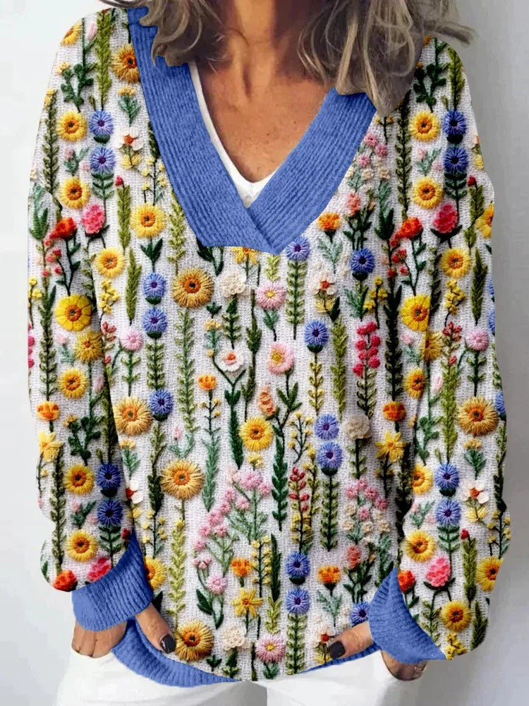 Kvinders V-hals sweater med blomsterdesign og afslappet pasform Stilla