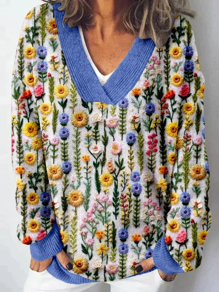 Kvinders V-hals sweater med blomsterdesign og afslappet pasform Stilla