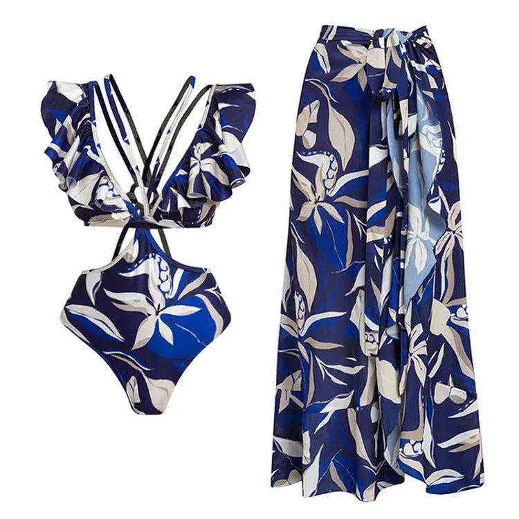 Dame bikini sæt med puffærmer og elegant omslag nederdel Skovae