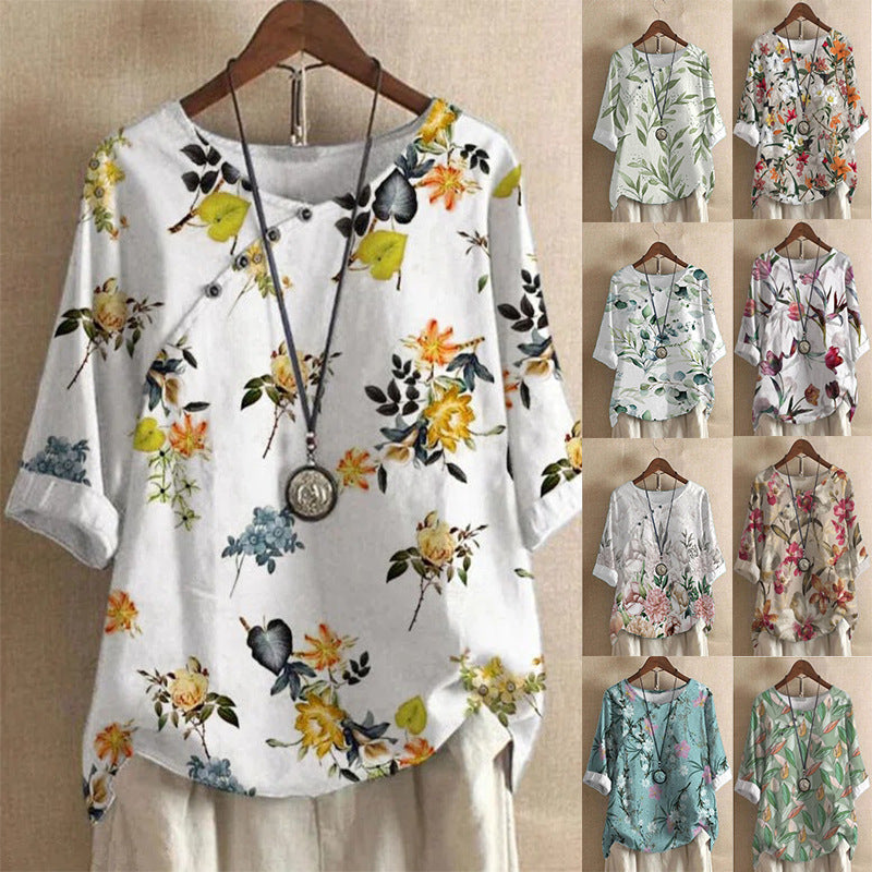 Damer bomuldsbluse med blomstertryk og elegant knaplukning Stilla
