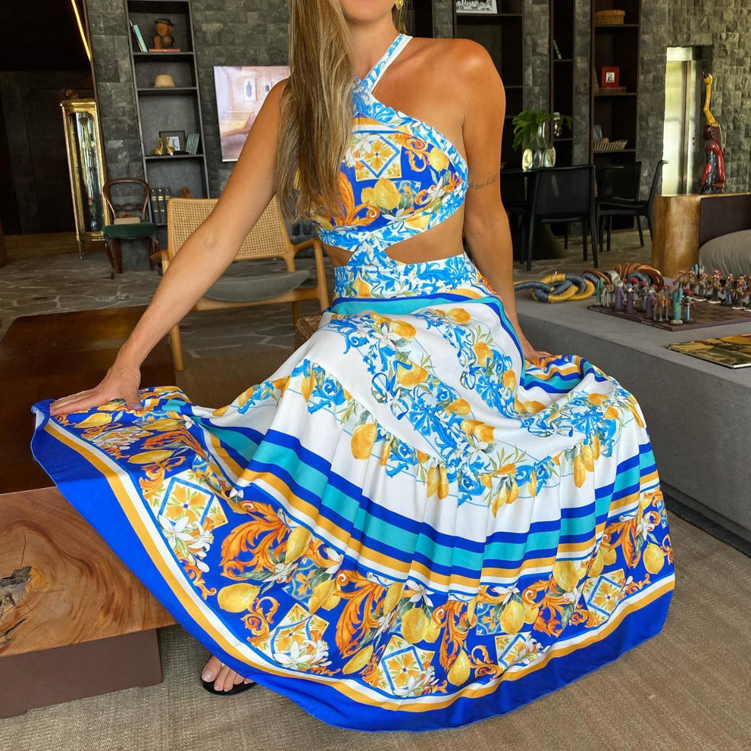 Dame maxikjole med raffineret design og elegante pufærmer Stilla