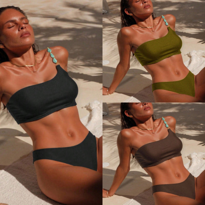 Dame One-Shoulder-Bikini-Sæt med moderne smykkedetalje Skovae