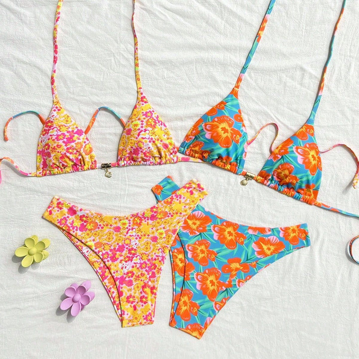 Dame trekanten bikini sæt med blomster mønstre og elegante stropper Skovae