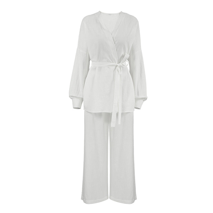Damer elegant loungewear-sæt med løstsiddende blusejakke og bredt skårne bukser Stilla