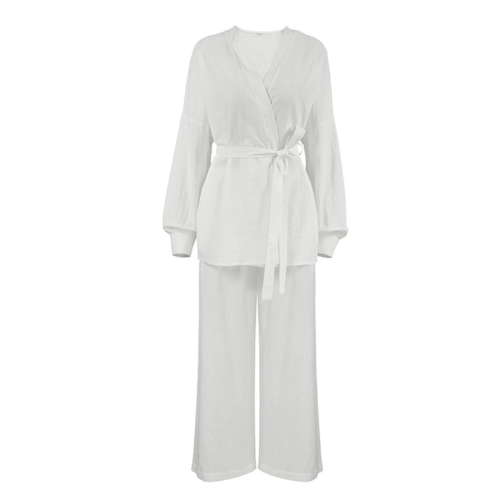 Damer elegant loungewear-sæt med løstsiddende blusejakke og bredt skårne bukser Stilla