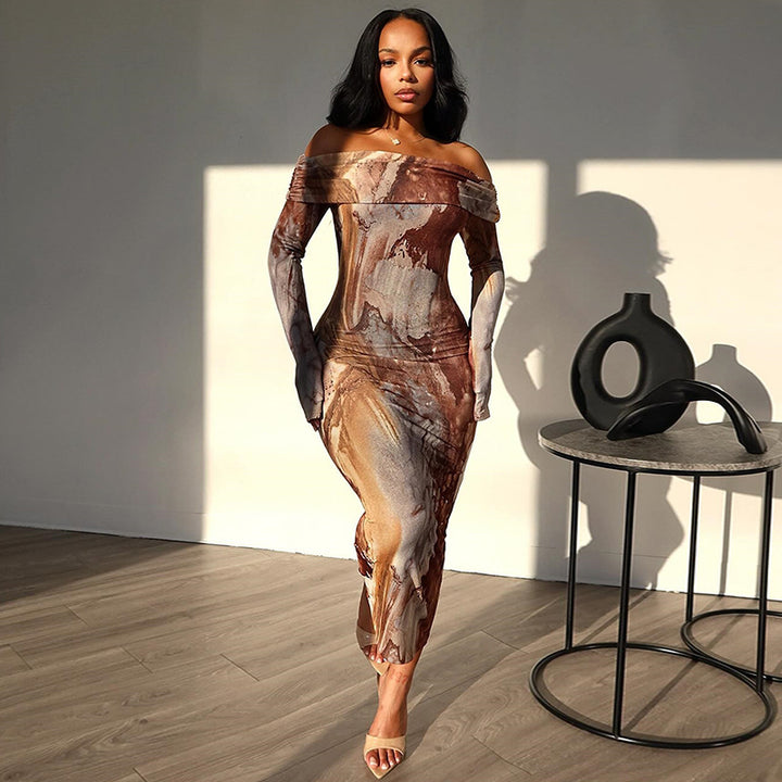 Kvinder Off-Shoulder abstrakt Midi Kjole Stilla