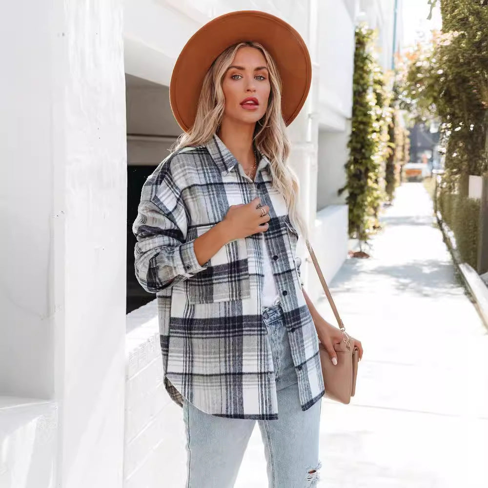 Dame Plaid Oversized Skjortejakke med to lommer og afslappet snit Stilla