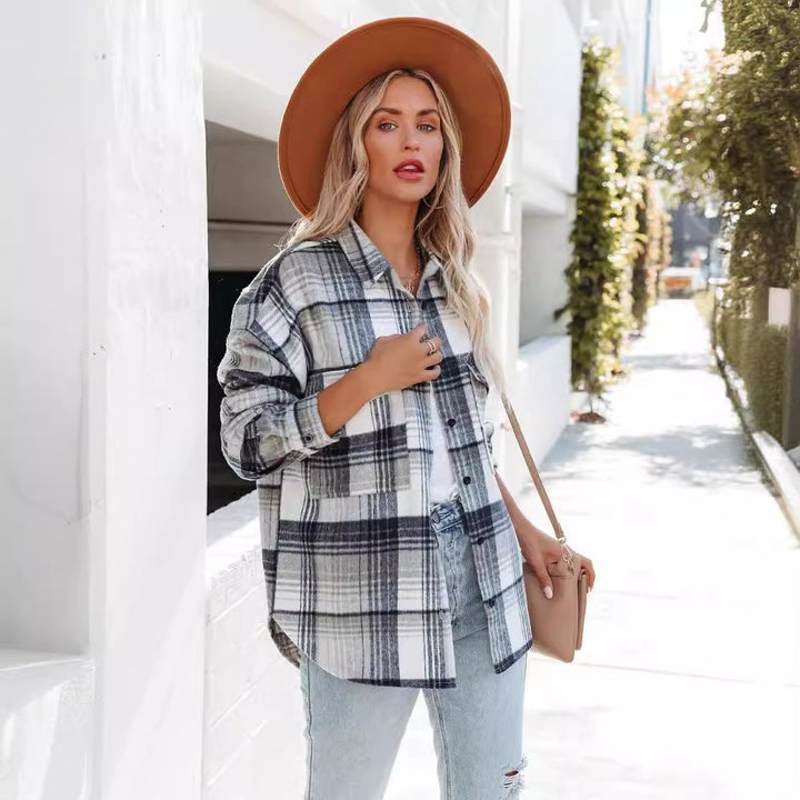 Dame Plaid Oversized Skjortejakke med to lommer og afslappet snit Stilla