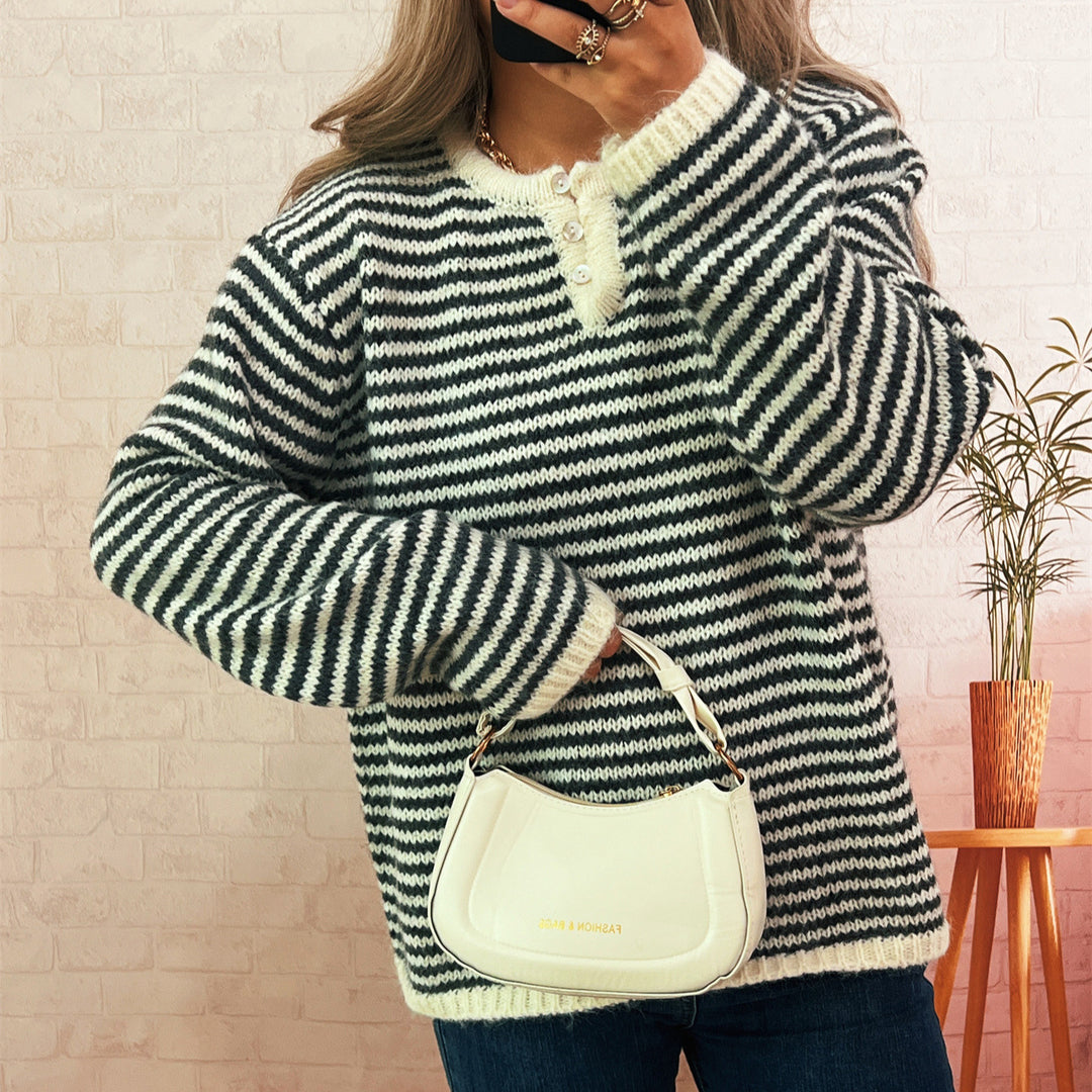 Kvinder casual stribet sweater med knapliste og rund halsudskæring Stilla