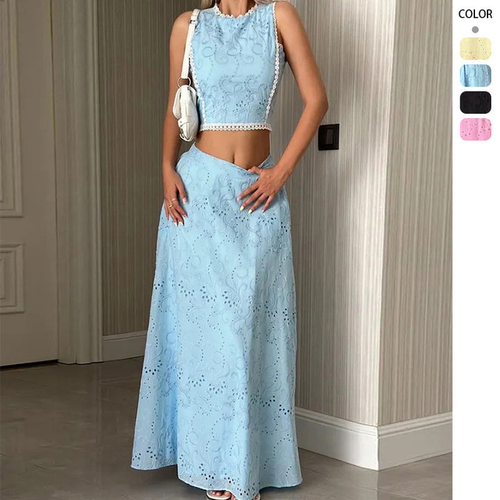 Dame maxi kjoler med fint mønster af broderede huller og trendy crop top Skovae