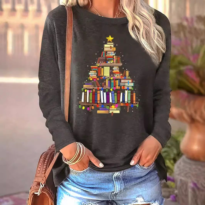 Dame afslappet Langærmet Pullover med festligt Bøger-Motiv Stilla