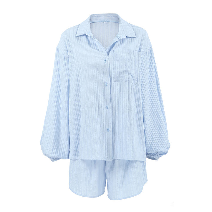 Damer let shorts-sæt med langærmet bluse og komfortable lommer Stilla