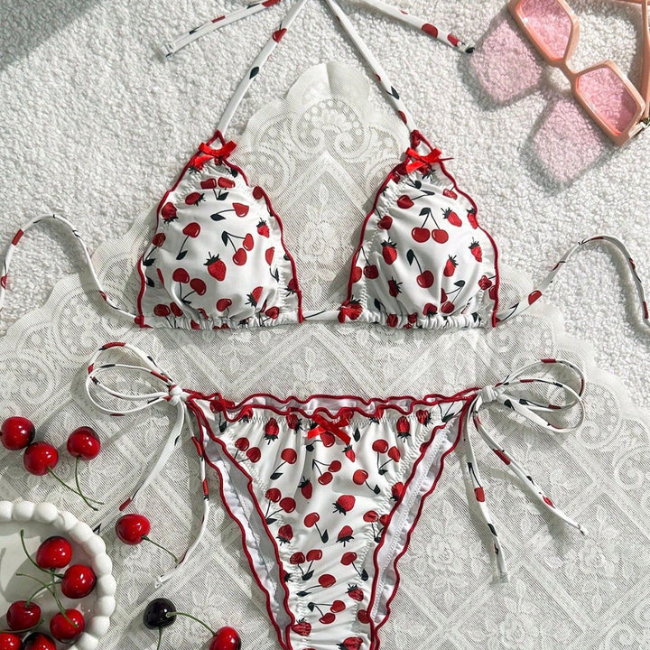 Dame bikini sæt med legende kirsebærmotiv og justerbare stropper Skovae