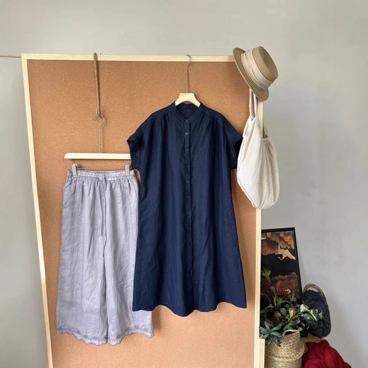 Dame Relaxed Fit Linned Knapliste Tunika Skjorte Stilla