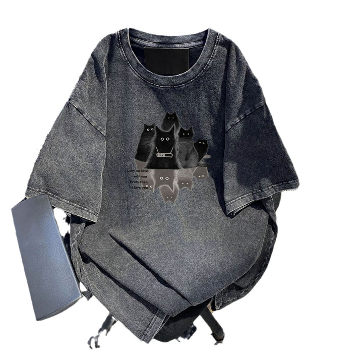Dame T-shirt med kreativt kattemotiv og afslappet oversized snit Stilla