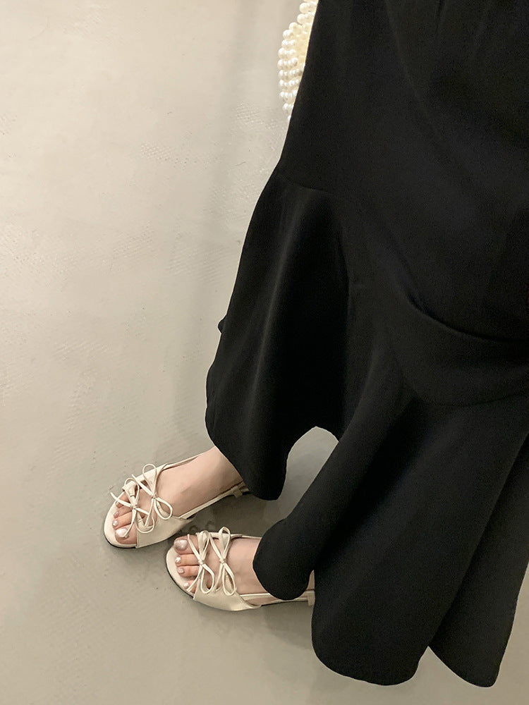 Femme Chic Åben-Tå Hør Sandaler med Justerbar Snørebånd Stilla