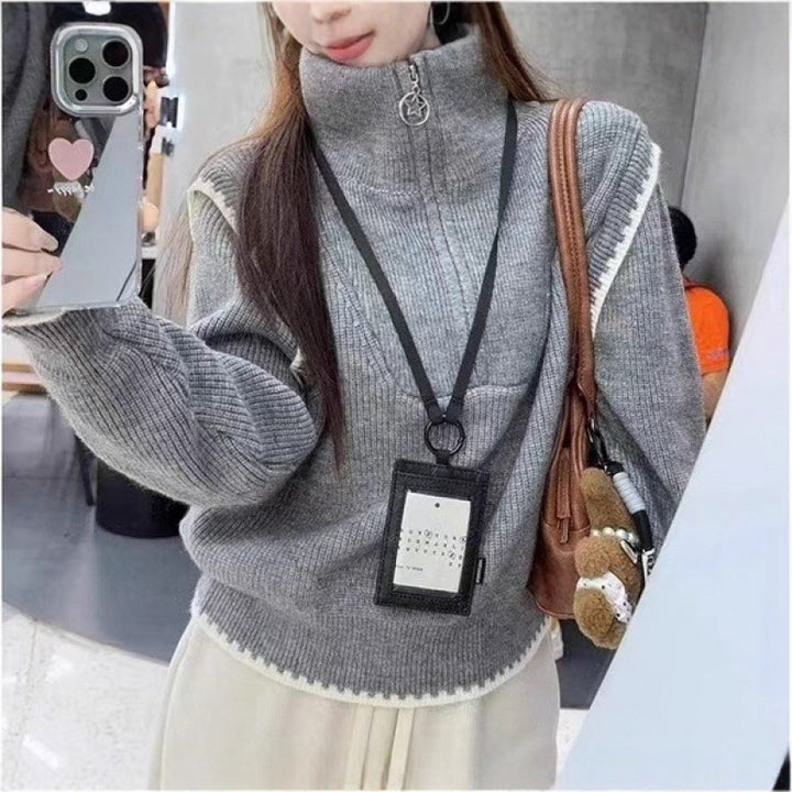 Kvinders højhalset sweater med opretstående krave og lynlås Stilla