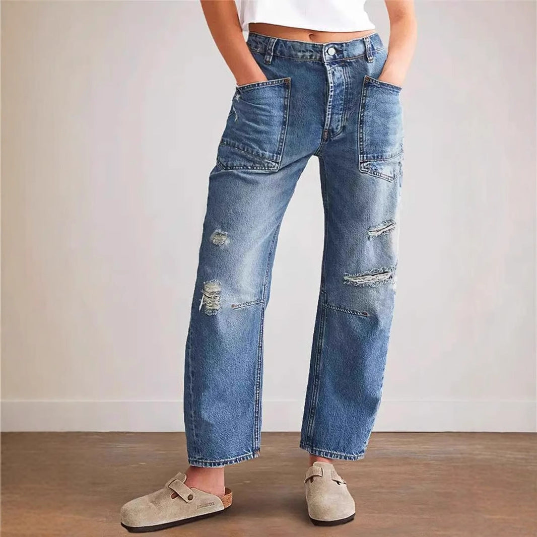Kvinder's Baggy Jeans i Vintage Look med Ødelagte Detaljer og Cargo Lommer Stilla