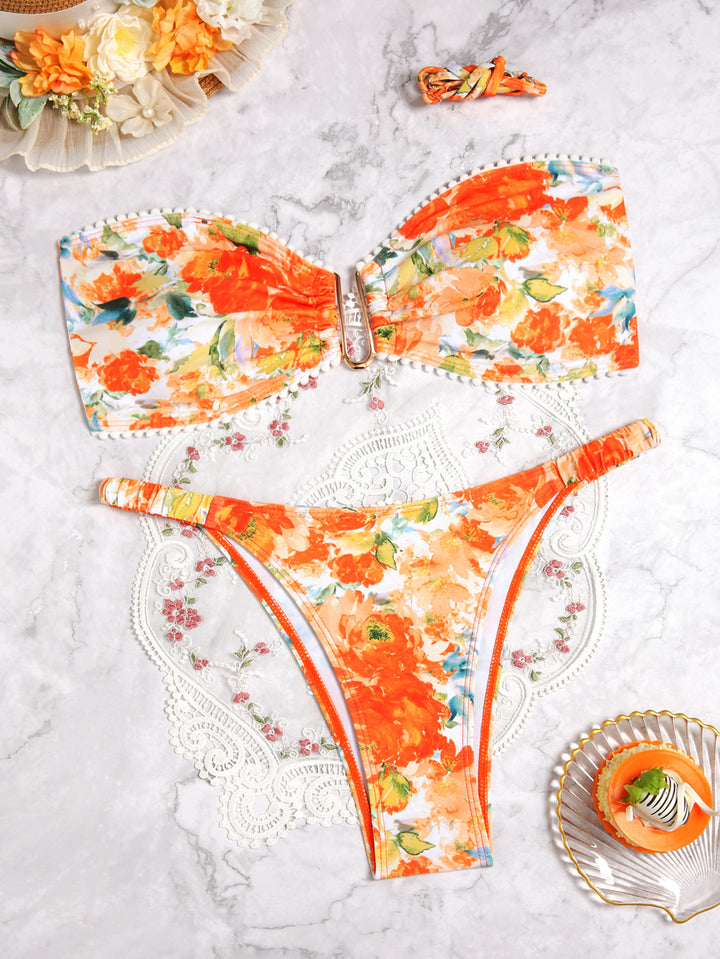 Dame Floral Print Bandeau Bikini Sæt Stilla