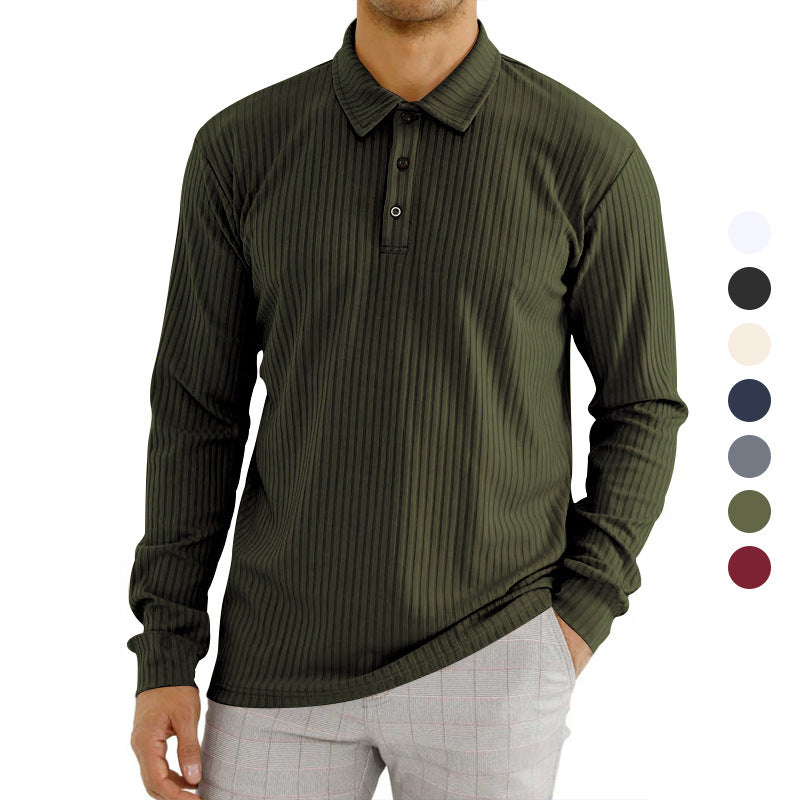 Herren nan ribbet Langærmet polo-shirt med fin rib-struktur, klassisk krave og elastisk søm Skovae