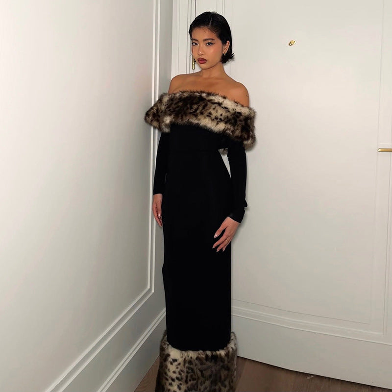 Dame Elegant Maxikjole med aftagelig leopardpelskrave Stilla
