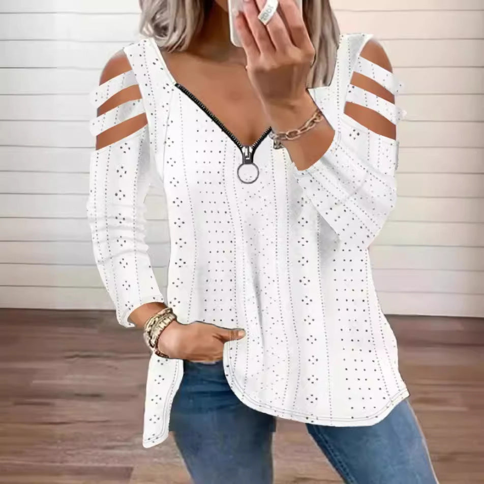 Dame longsleeve bluse med cut-outs og lynlås Stilla