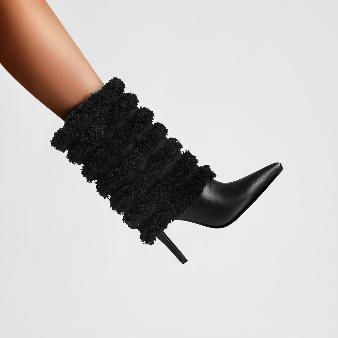 Femme Teksturerede Stiletto Støvler med Plys Ankel Dekorationer Stilla