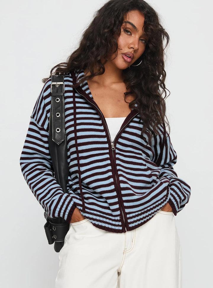 Dame cardigan i stribet design med kvalitets lynlås og casual fit
