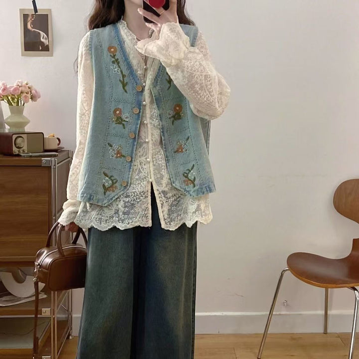 Kvinders denimvest med blomsterbroderi design Stilla