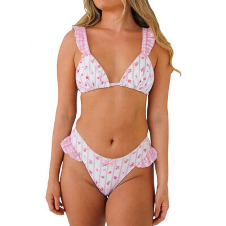 Dame triangel-bikini med blomsterdesign og flæsedetaljer Skovae