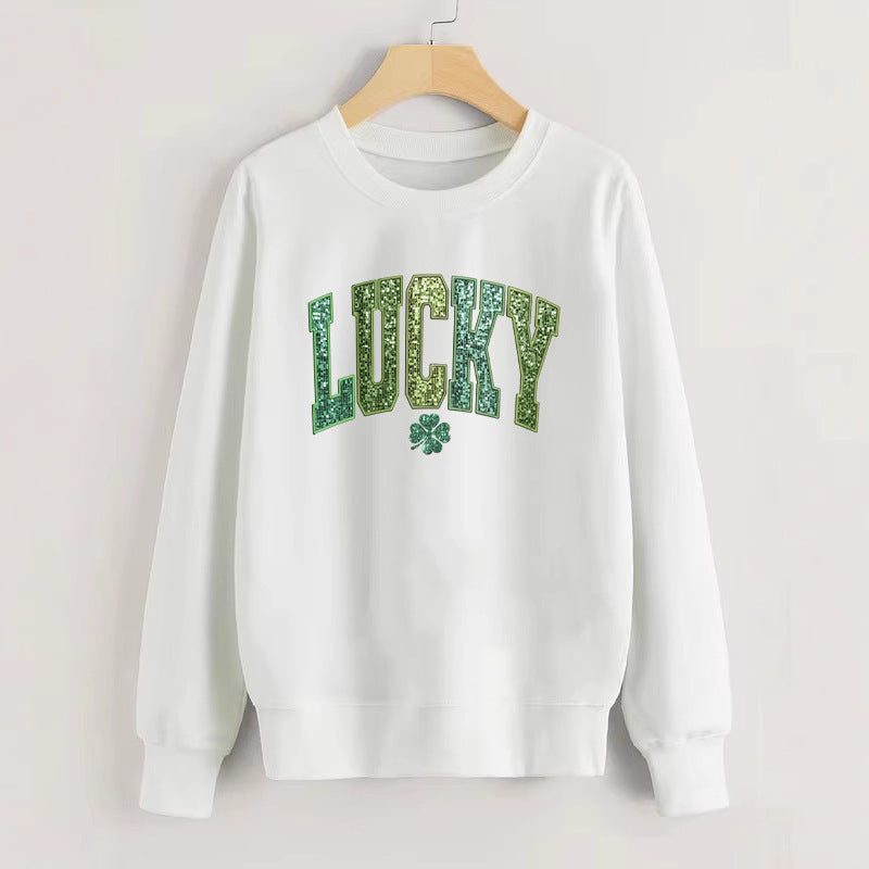 Dame casual sweatshirt med glitrende skrift og kløver motiv Stilla
